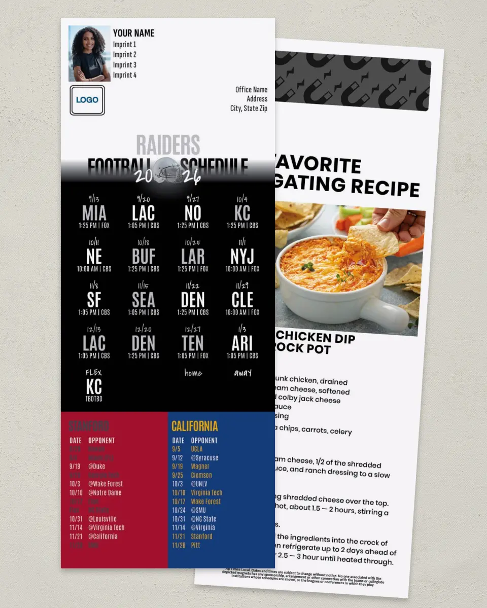 This is a 3½" x 9" Football Schedule Magnet called Raiders + Stanford + California printed in full color