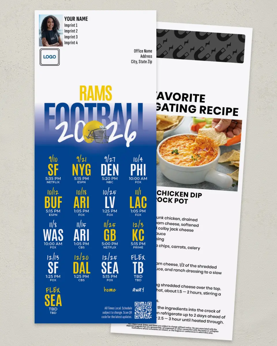 This is a 3½" x 9" Football Schedule Magnet called Rams printed in full color