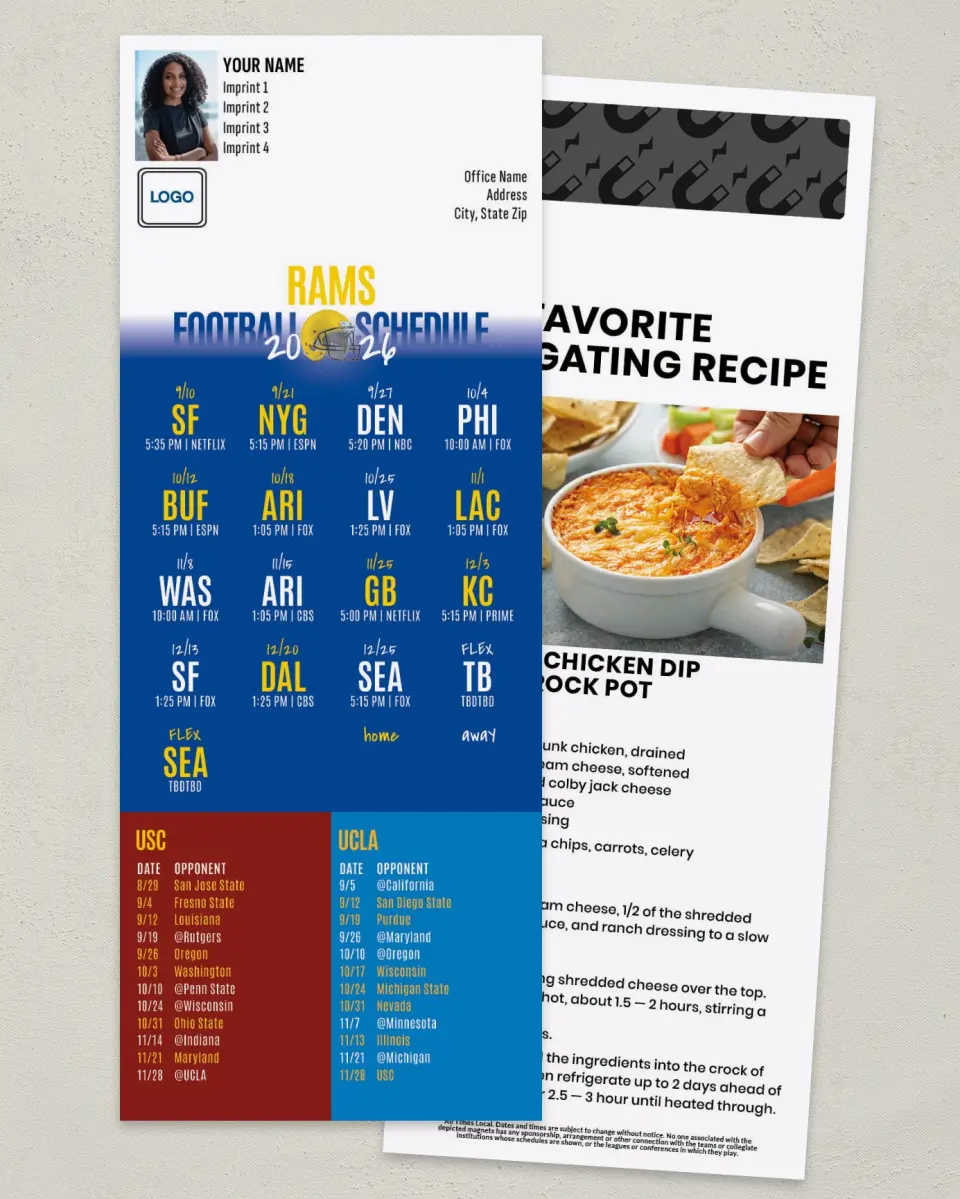 This is a 3½" x 9" Football Schedule Magnet called Rams + USC + UCLA printed in full color
