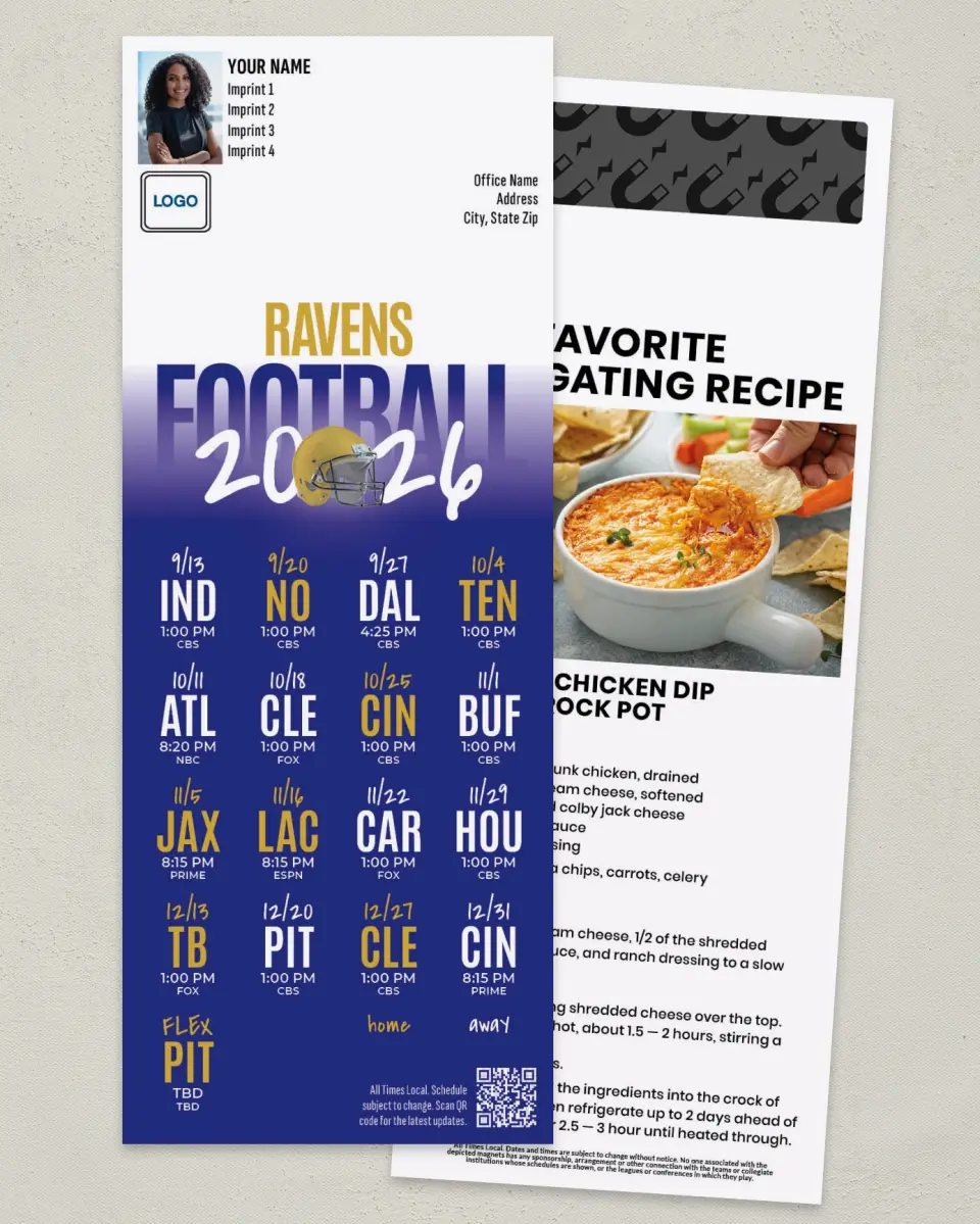 This is a 3½" x 9" Football Schedule Magnet called Ravens printed in full color