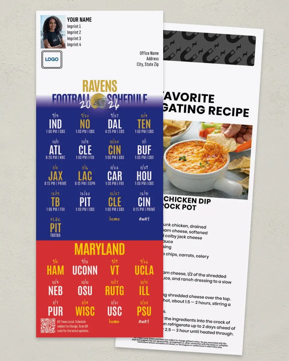 This is a 3½" x 9" Football Schedule Magnet called Ravens + Maryland printed in full color