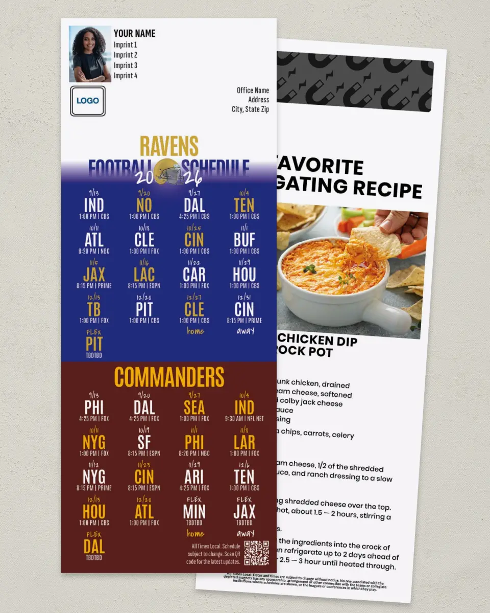 This is a 3½" x 9" Football Schedule Magnet called Ravens + Washington printed in full color