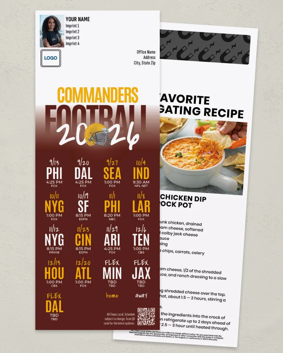 This is a 3½" x 9" Football Schedule Magnet called Washington Commanders printed in full color