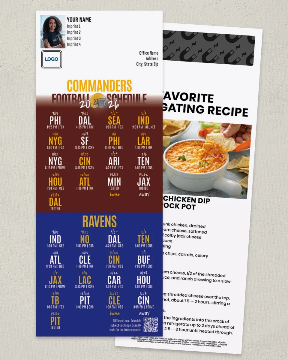 This is a 3½" x 9" Football Schedule Magnet called Washington + Ravens printed in full color