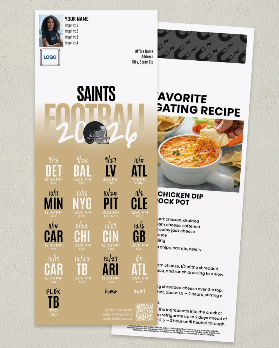 This is a 3½" x 9" Football Schedule Magnet called Saints printed in full color