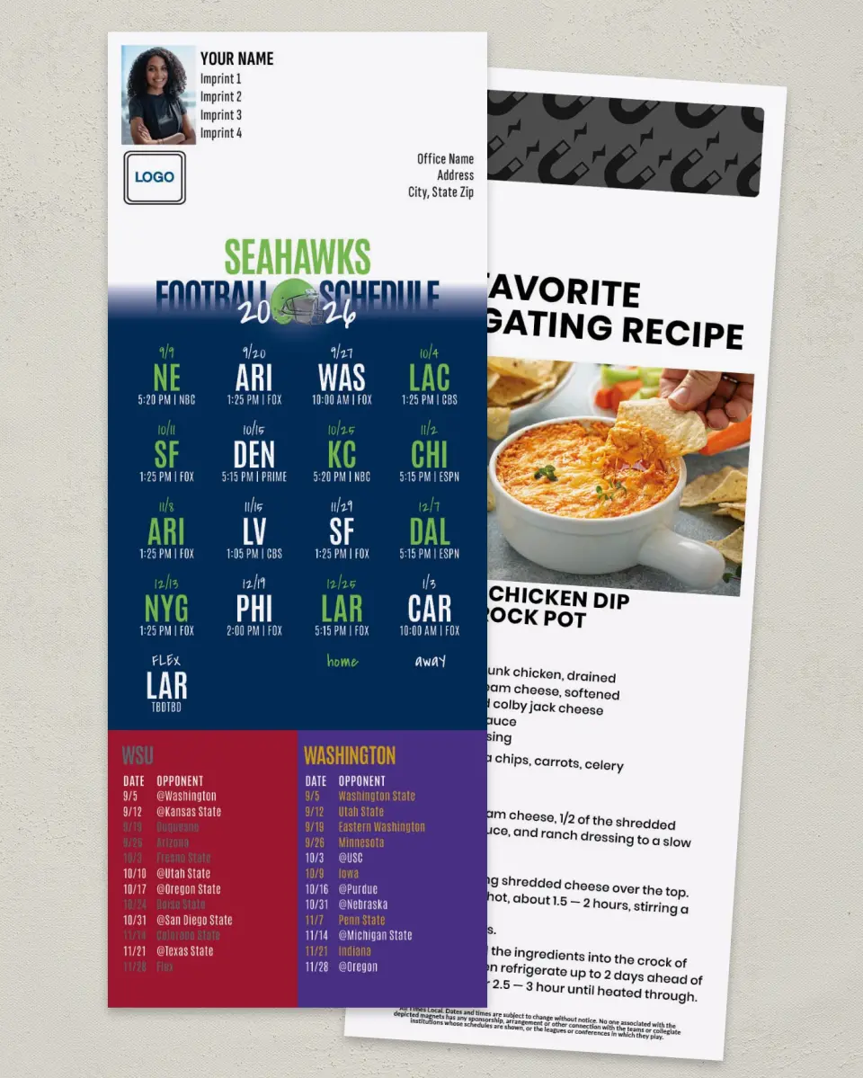 This is a 3½" x 9" Football Schedule Magnet called Seahawks + Washington State + University of Washington printed in full color