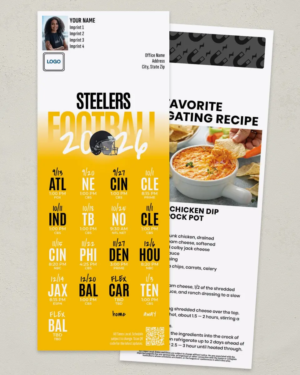 This is a 3½" x 9" Football Schedule Magnet called Steelers printed in full color