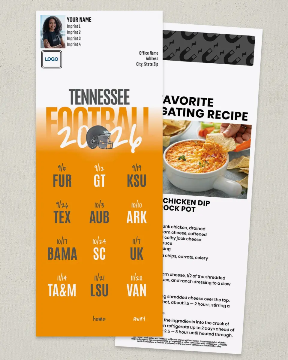 This is a 3½" x 9" Football Schedule Magnet called Tennessee printed in full color