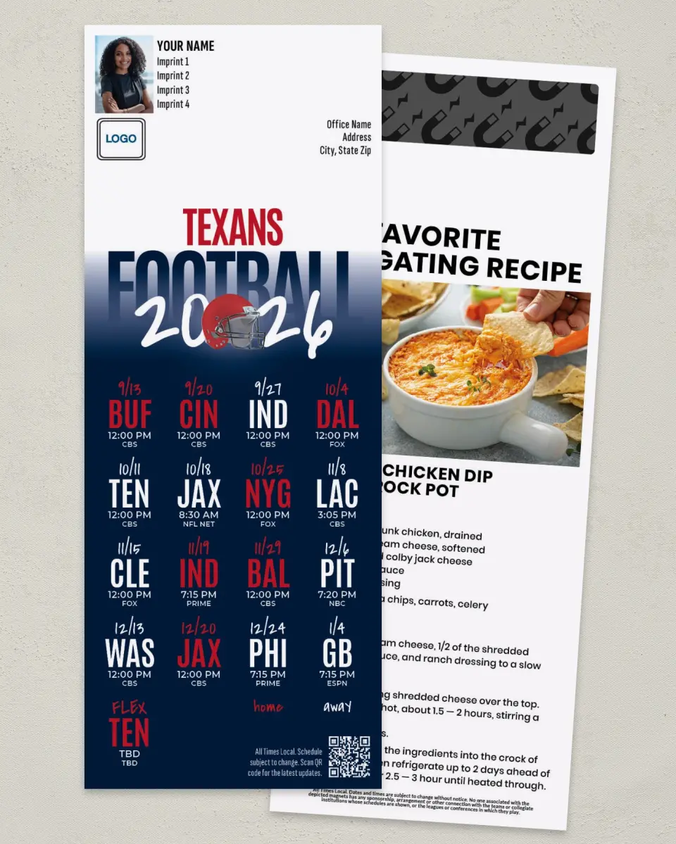 This is a 3½" x 9" Football Schedule Magnet called Texans printed in full color