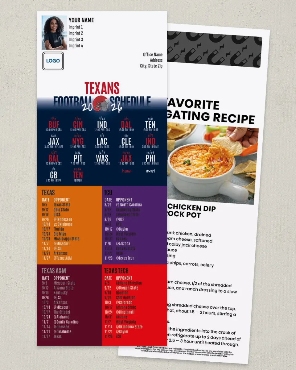 This is a 3½" x 9" Football Schedule Magnet called Texans + Univ of TX + TX A&M + TX Tech + TCU printed in full color