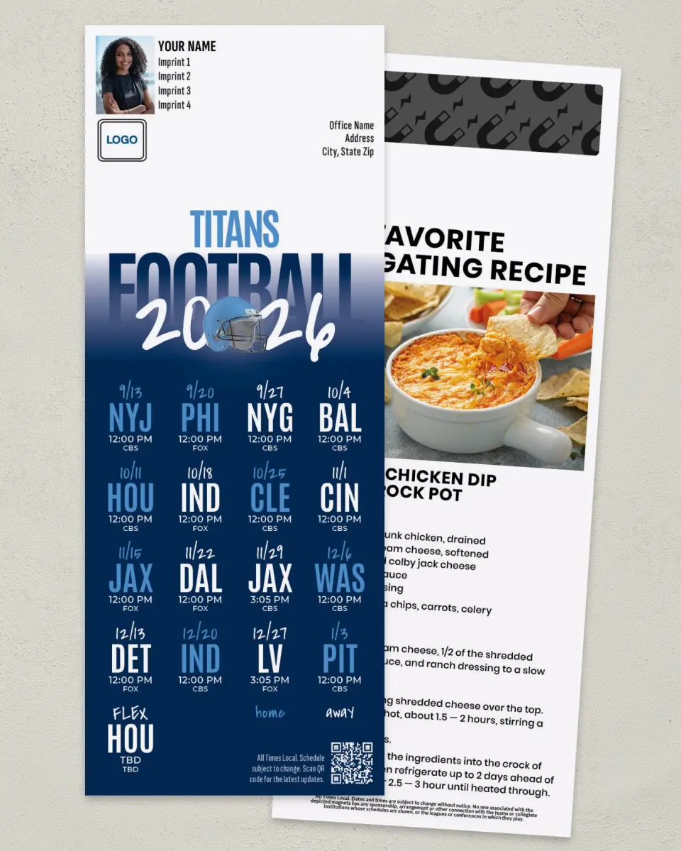 This is a 3½" x 9" Football Schedule Magnet called Titans printed in full color