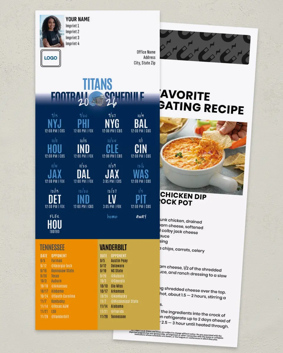 This is a 3½" x 9" Football Schedule Magnet called Titans + University of Tennessee + Vanderbilt University printed in full color