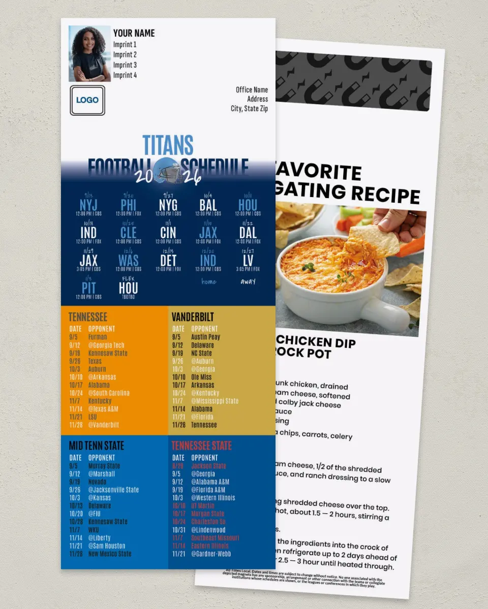 This is a 3½" x 9" Football Schedule Magnet called Titans + U of TN + Vanderbilt + Middle TN State + TN State printed in full color