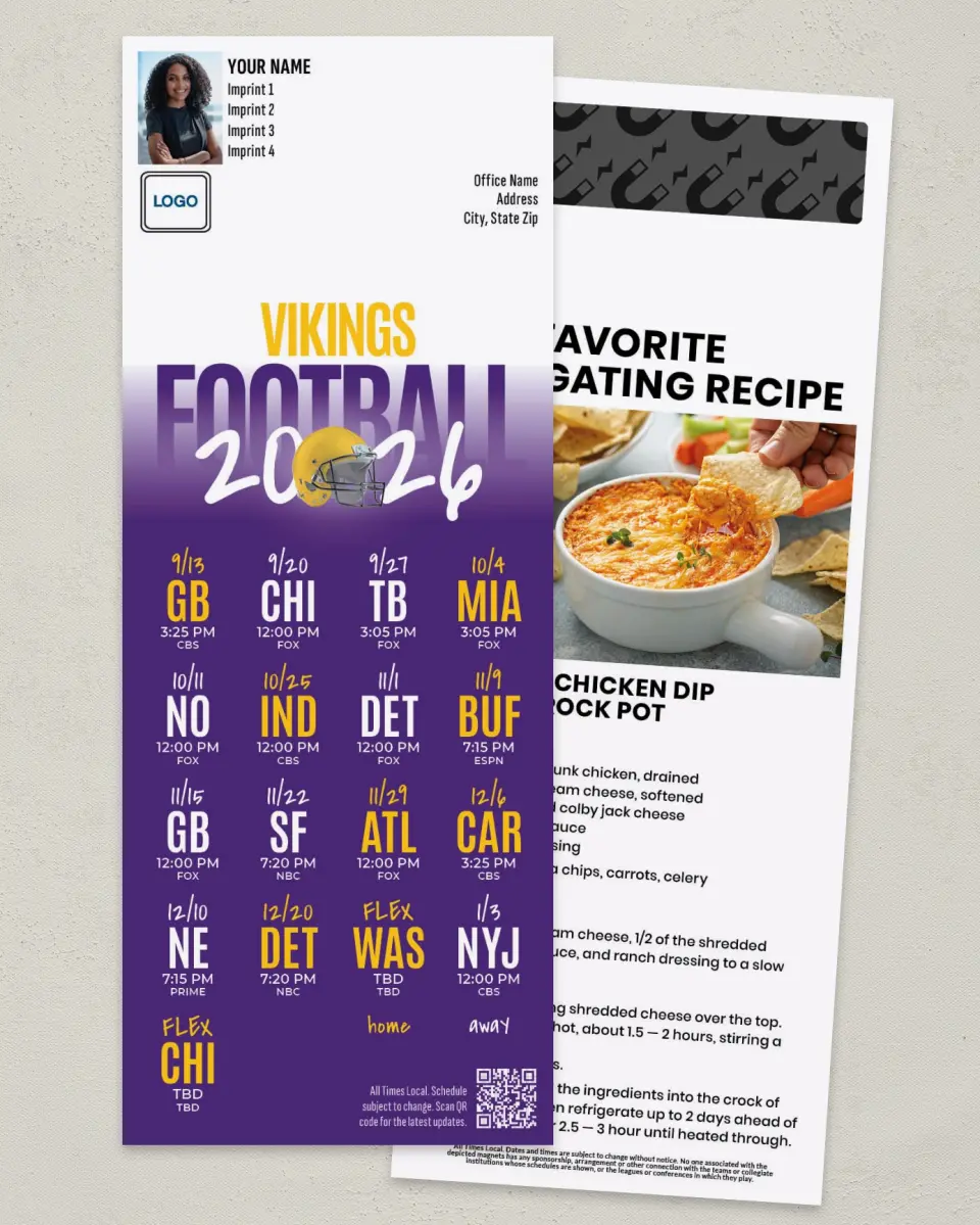 This is a 3½" x 9" Football Schedule Magnet called Vikings printed in full color