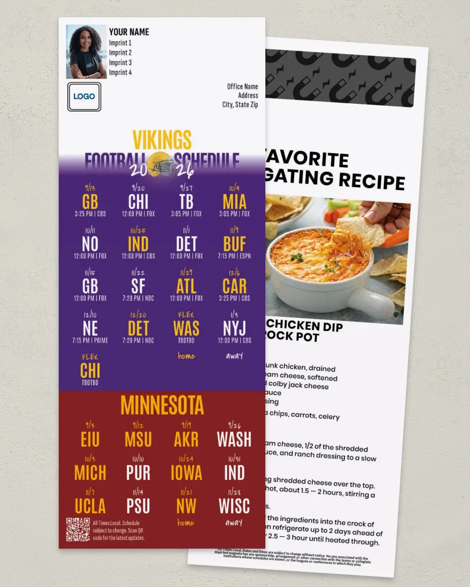 This is a 3½" x 9" Football Schedule Magnet called Vikings + Minnesota printed in full color