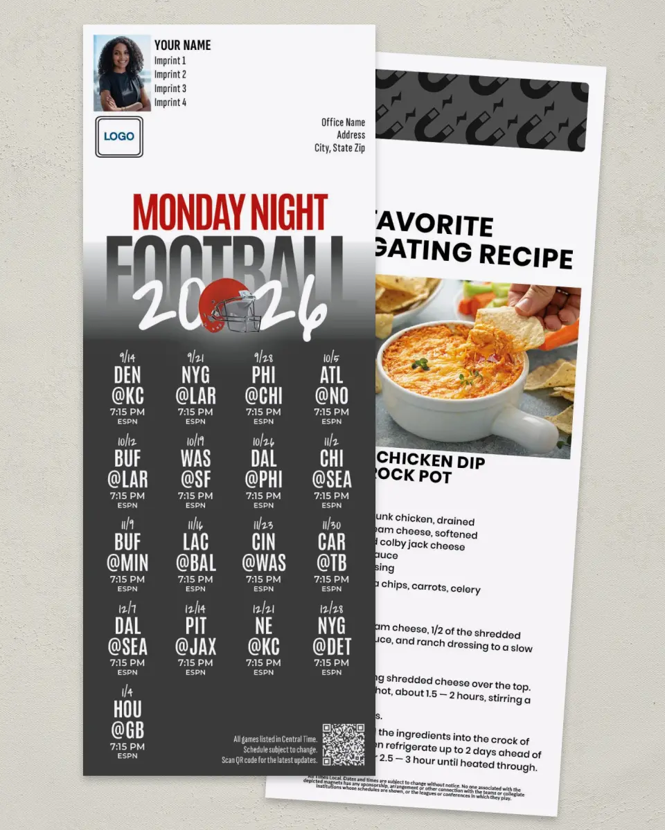 This is a 3½" x 9" Football Schedule Magnet called Monday Night Football printed in full color