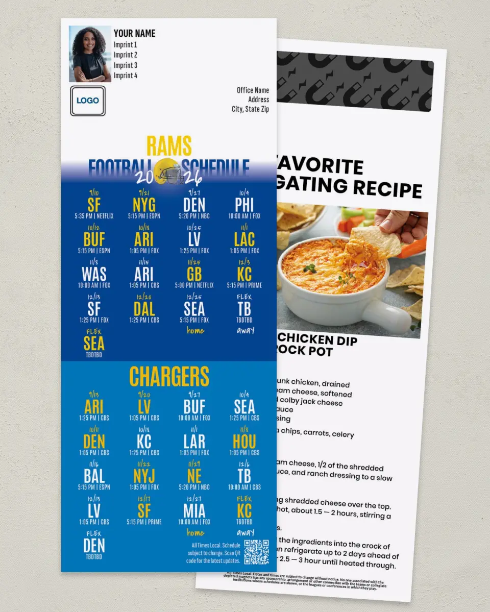 This is a 3½" x 9" Football Schedule Magnet called Los Angeles Rams + Los Angeles Chargers printed in full color