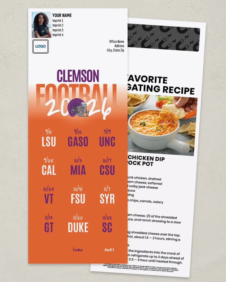 This is a 3½" x 9" Football Schedule Magnet called Clemson Tigers printed in full color