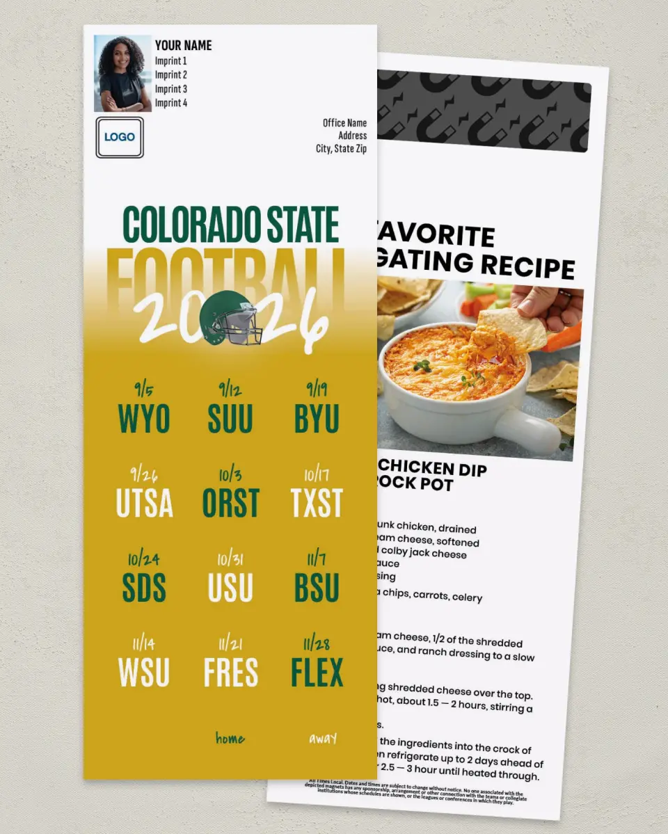 This is a 3½" x 9" Football Schedule Magnet called Colorado State Rams printed in full color