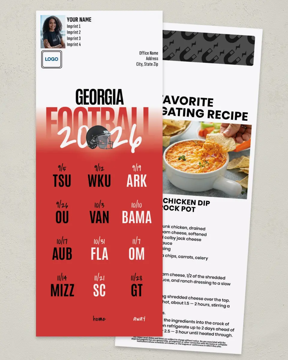 This is a 3½" x 9" Football Schedule Magnet called Georgia Bulldogs printed in full color