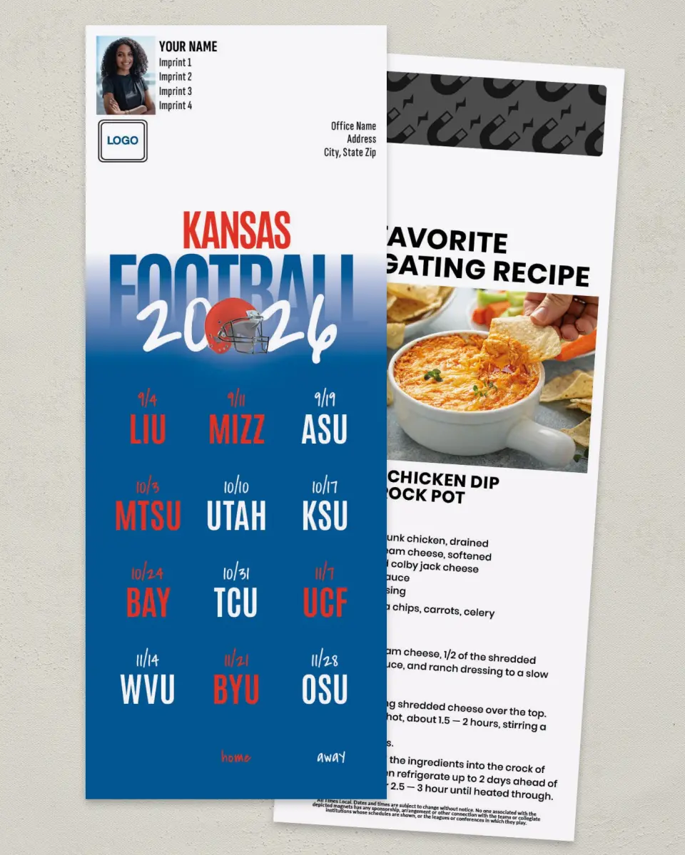 This is a 3½" x 9" Football Schedule Magnet called Kansas Jayhawks printed in full color