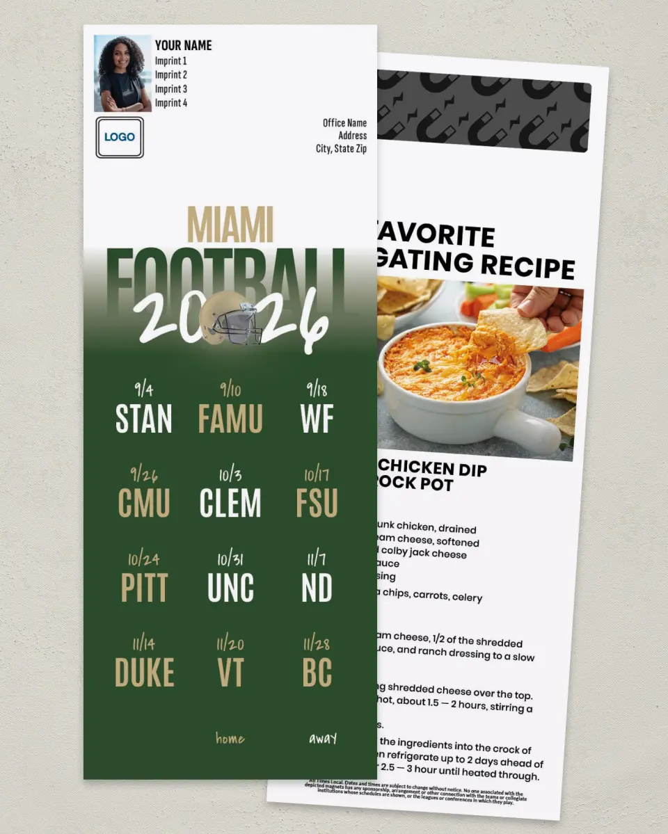 This is a 3½" x 9" Football Schedule Magnet called Miami Hurricanes printed in full color