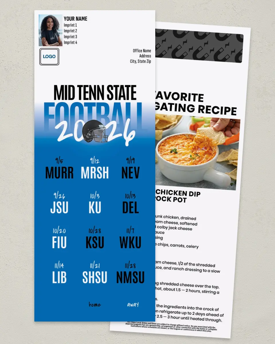 This is a 3½" x 9" Football Schedule Magnet called Middle Tenn State Blue Raiders printed in full color