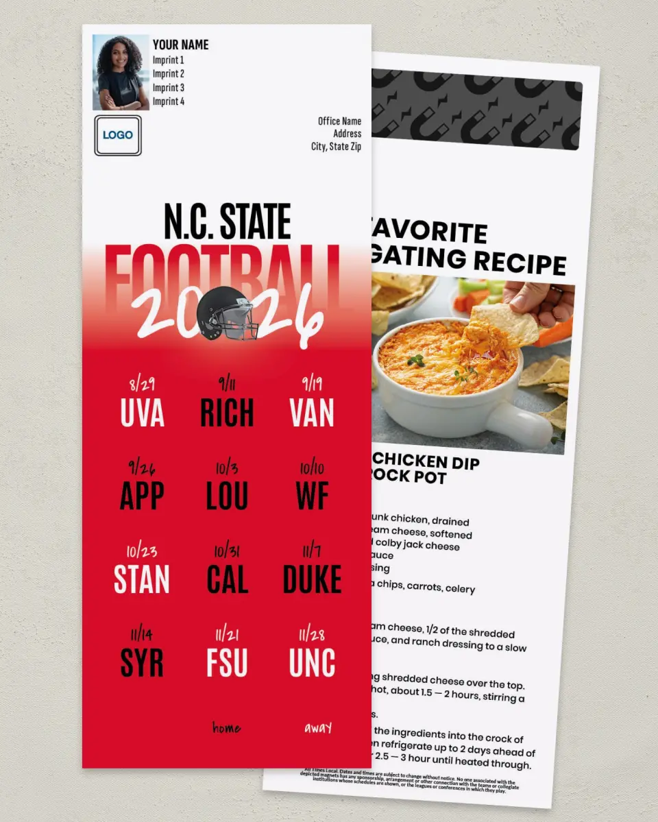 This is a 3½" x 9" Football Schedule Magnet called NC State Wolfpack printed in full color