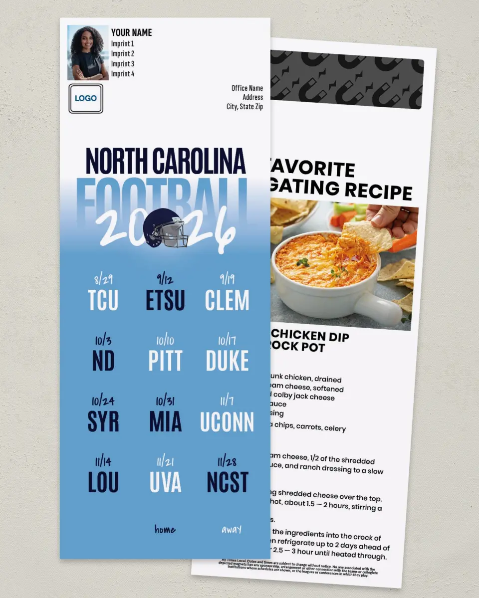This is a 3½" x 9" Football Schedule Magnet called North Carolina TarHeels printed in full color
