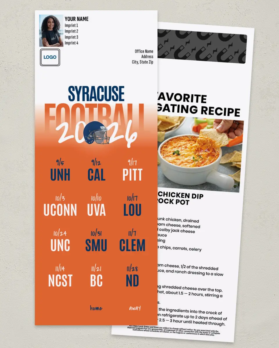 This is a 3½" x 9" Football Schedule Magnet called Syracuse Orange printed in full color