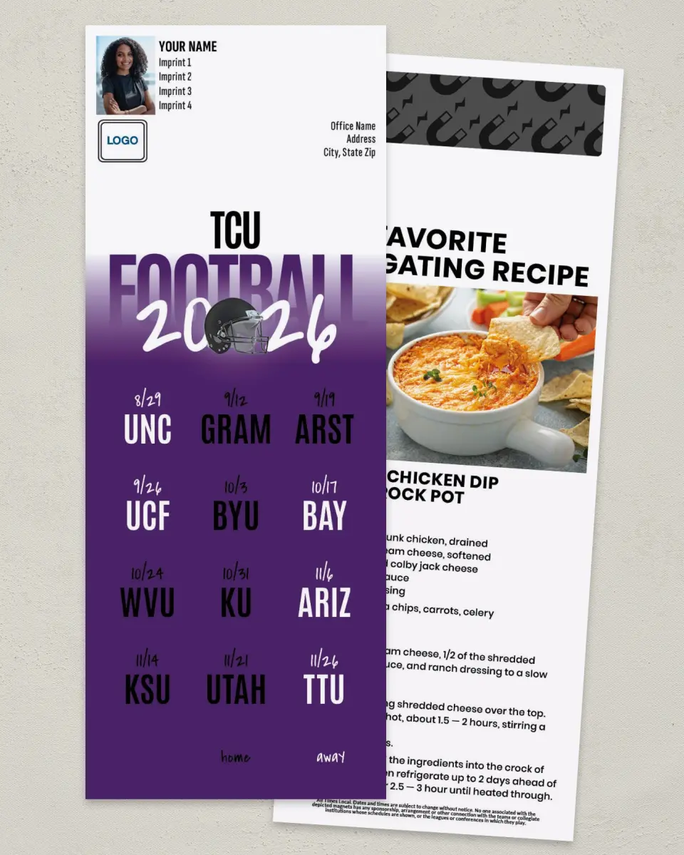 This is a 3½" x 9" Football Schedule Magnet called TCU Horned Frogs printed in full color