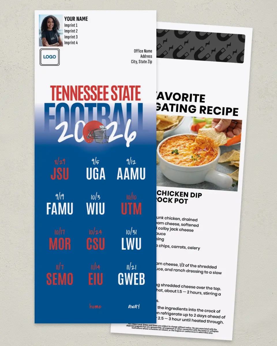 This is a 3½" x 9" Football Schedule Magnet called Tennessee State printed in full color