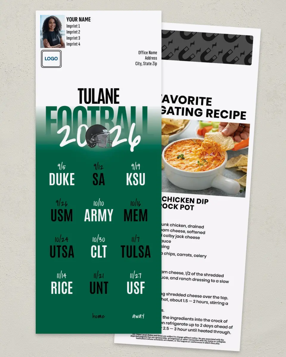 This is a 3½" x 9" Football Schedule Magnet called Tulane Green Wave printed in full color