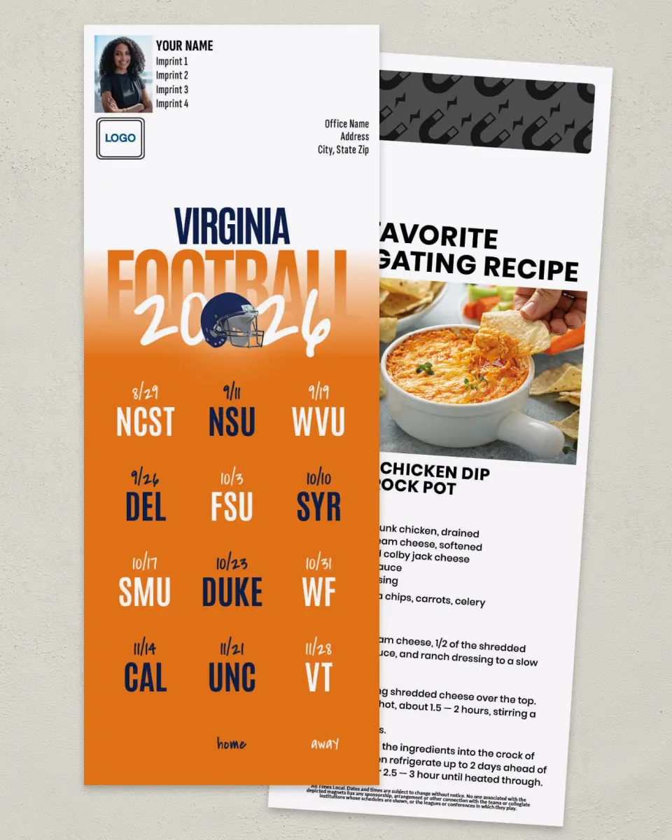 This is a 3½" x 9" Football Schedule Magnet called Virginia Cavaliers printed in full color