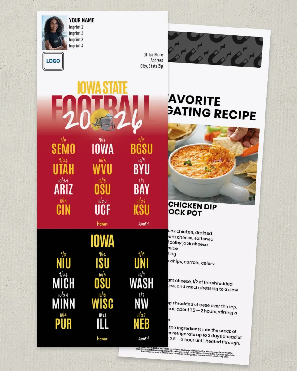 This is a 3½" x 9" Football Schedule Magnet called Iowa + Iowa State printed in full color