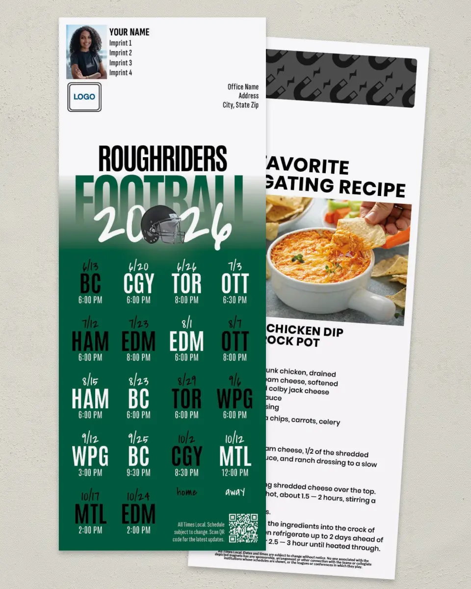 This is a 3½" x 9" Football Schedule Magnet called Saskatchewan Roughriders printed in full color
