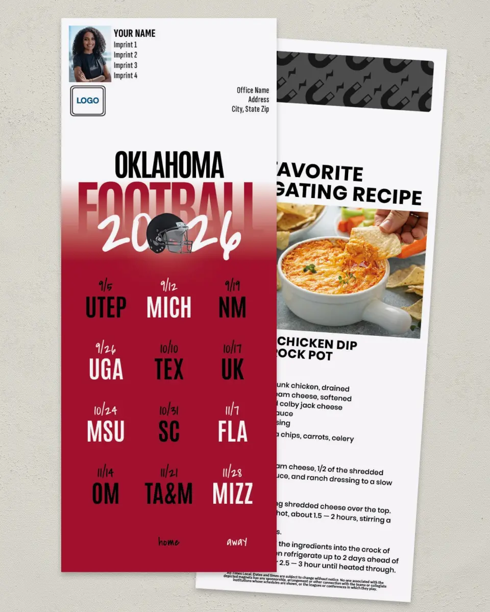 This is a 3½" x 9" Football Schedule Magnet called Oklahoma Sooners printed in full color