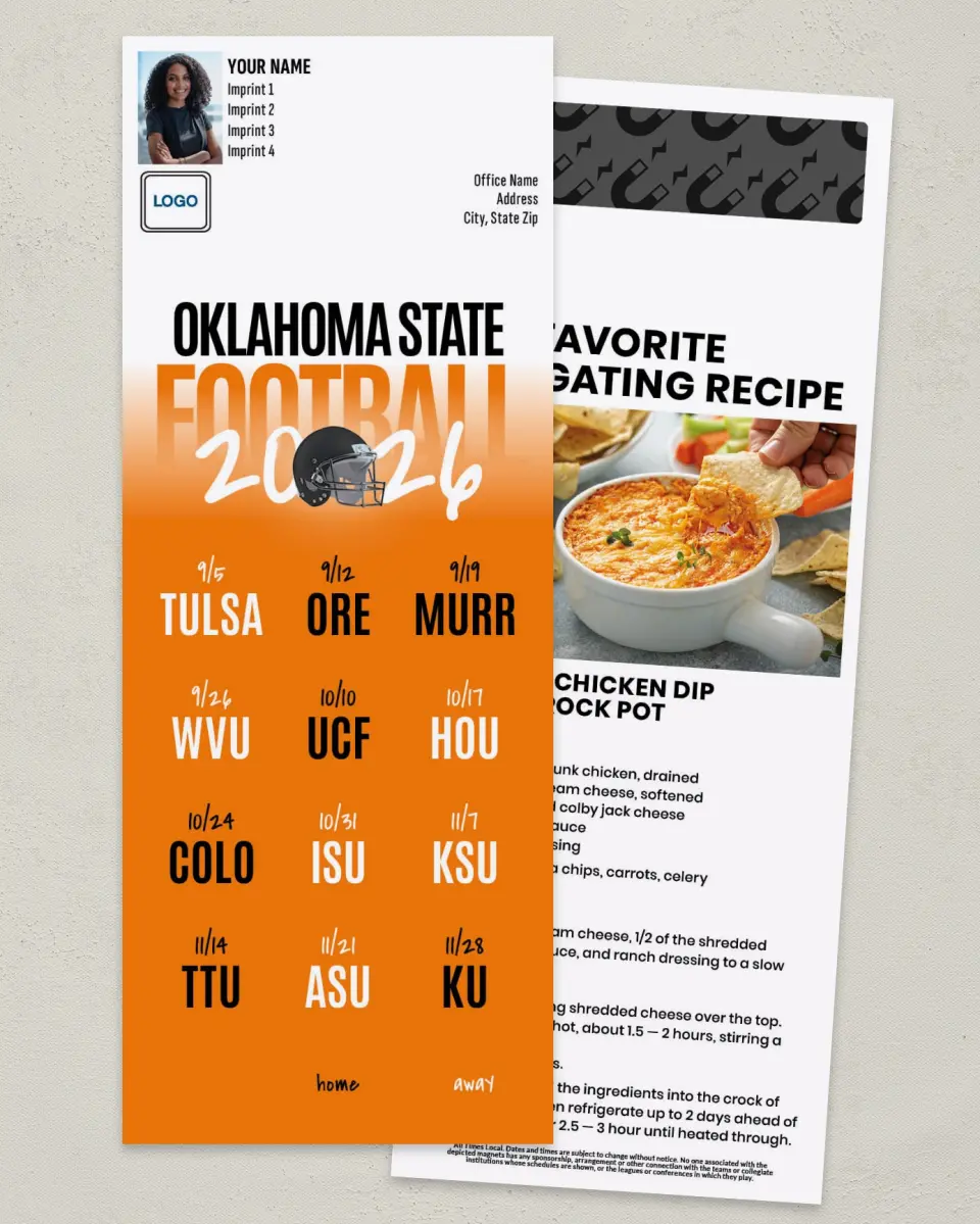 This is a 3½" x 9" Football Schedule Magnet called Oklahoma State Cowboys printed in full color
