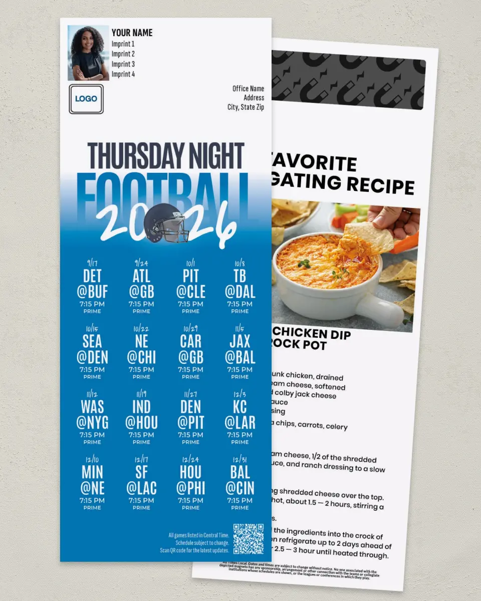 This is a 3½" x 9" Football Schedule Magnet called Thursday Night Football printed in full color