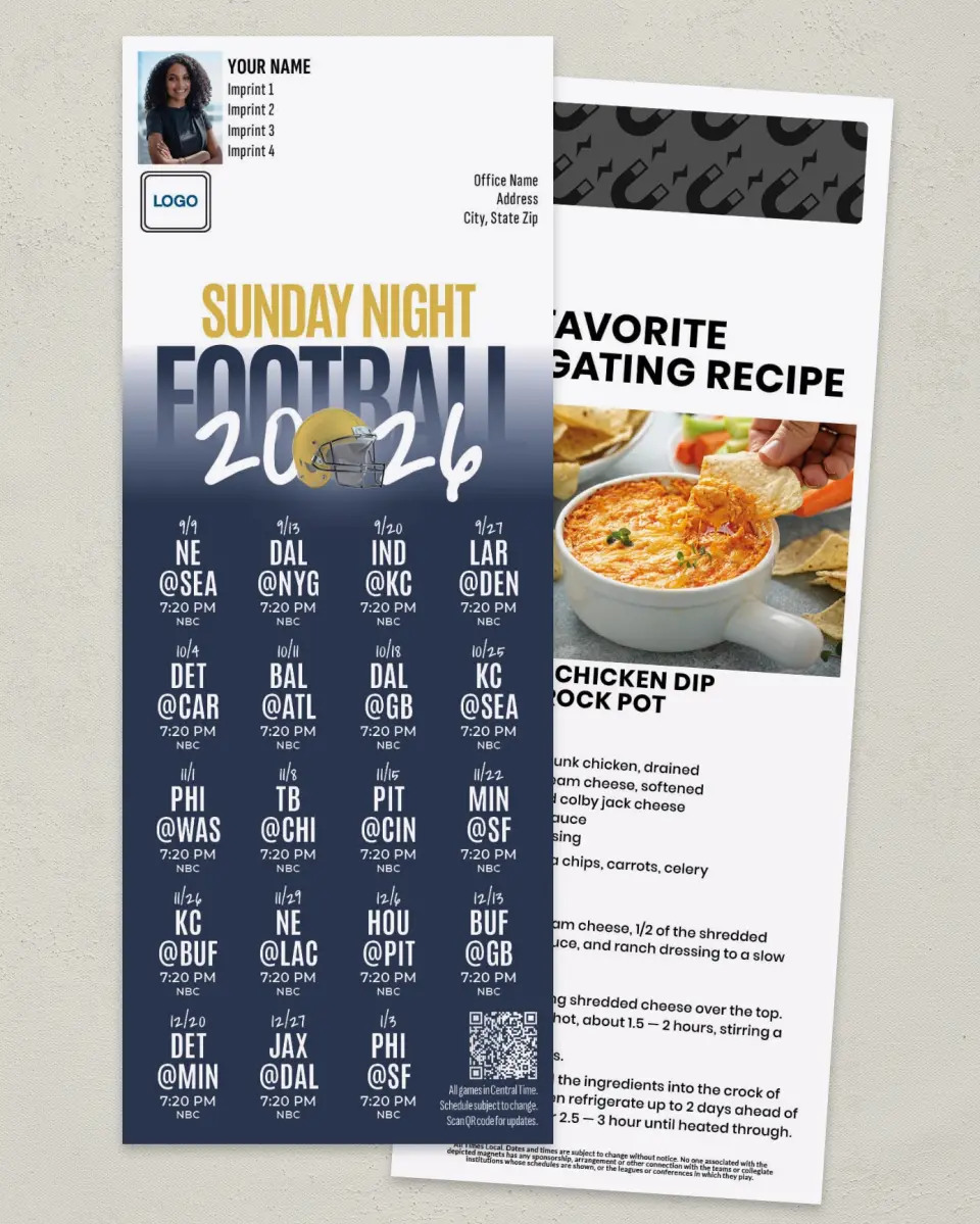 This is a 3½" x 9" Football Schedule Magnet called Sunday Night Football printed in full color