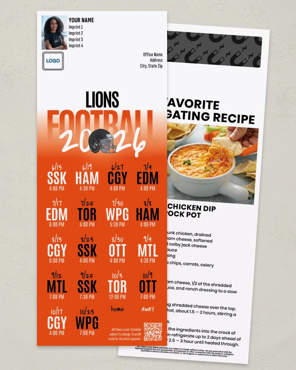 This is a 3½" x 9" Football Schedule Magnet called BC Lions printed in full color
