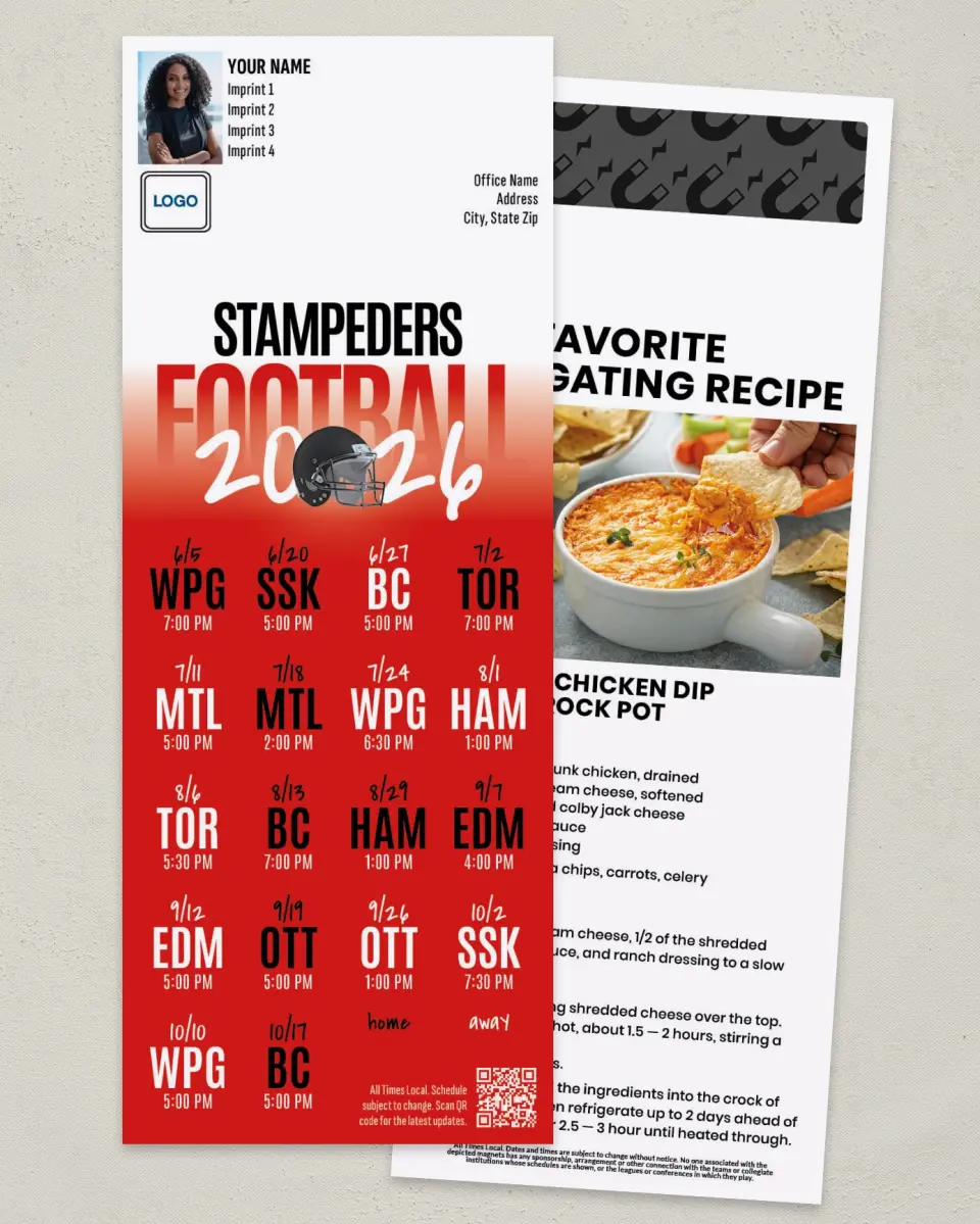 This is a 3½" x 9" Football Schedule Magnet called Calgary Stampeders printed in full color