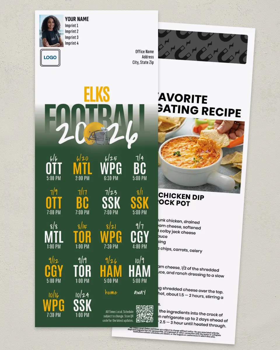 This is a 3½" x 9" Football Schedule Magnet called Edmonton Elks printed in full color