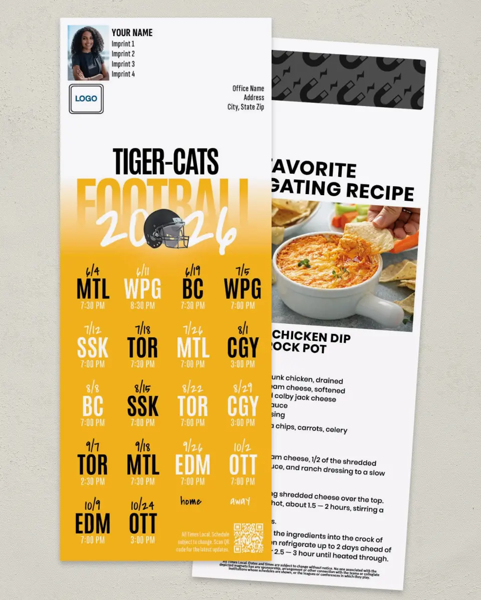 This is a 3½" x 9" Football Schedule Magnet called Hamilton Tiger Cats printed in full color