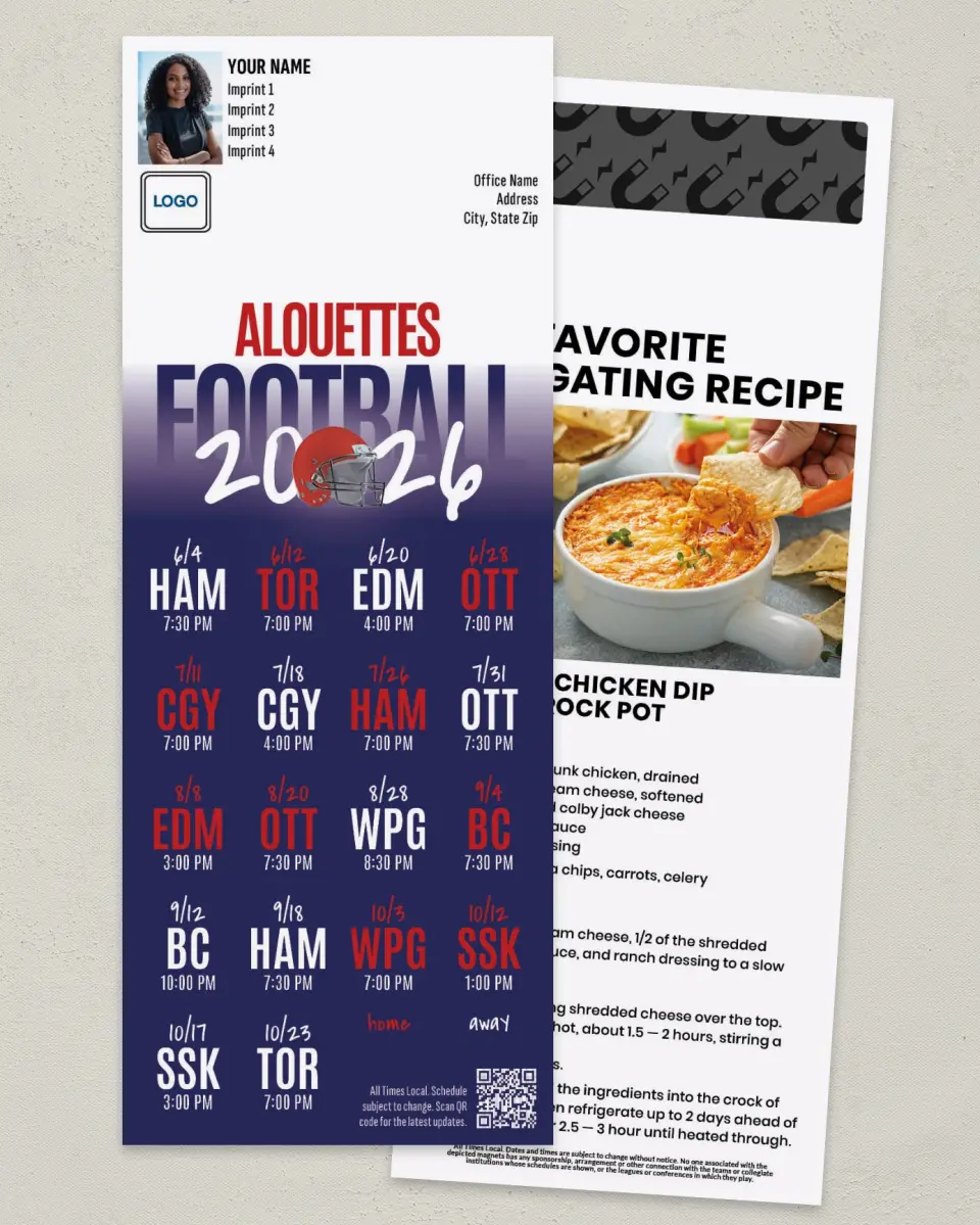 This is a 3½" x 9" Football Schedule Magnet called Montreal Alouettes printed in full color