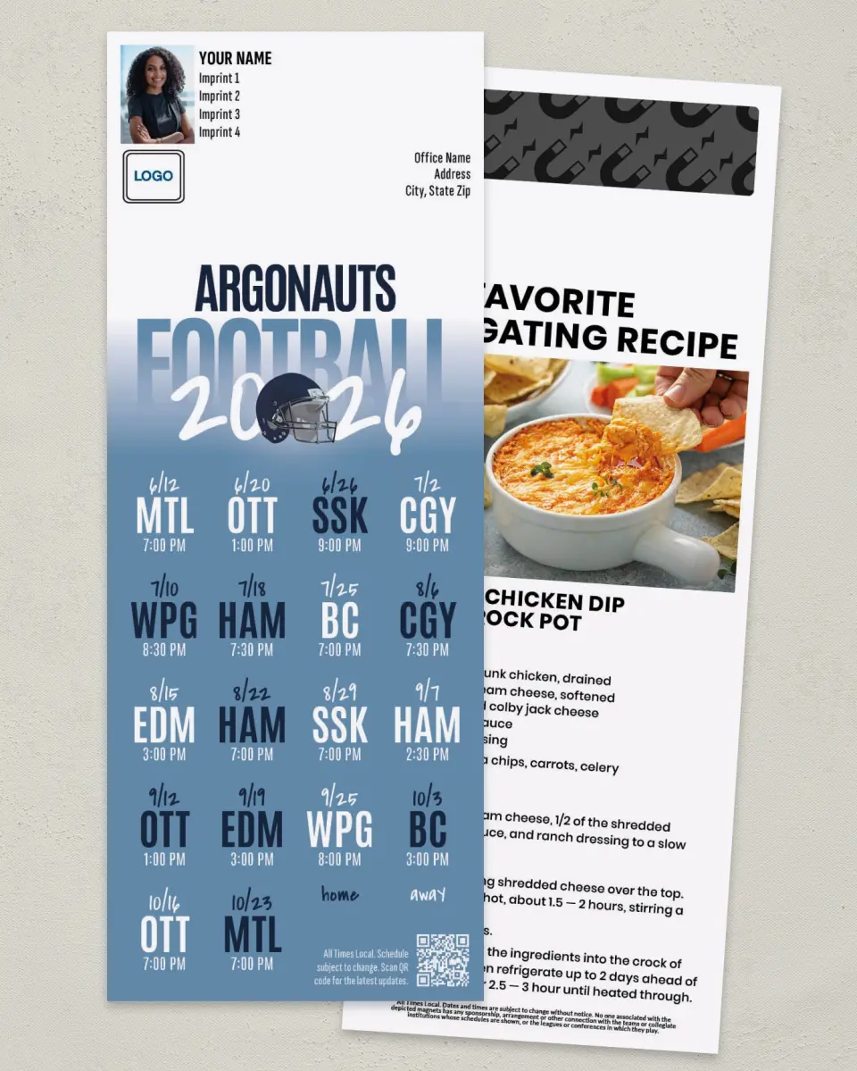 This is a 3½" x 9" Football Schedule Magnet called Toronto Argonauts printed in full color