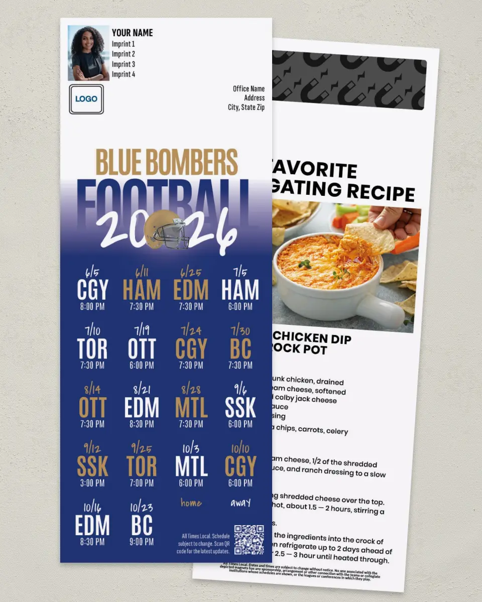 This is a 3½" x 9" Football Schedule Magnet called Winnipeg Blue Bombers printed in full color