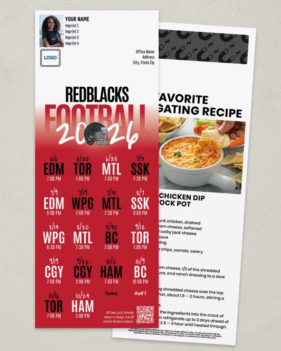 This is a 3½" x 9" Football Schedule Magnet called Ottawa Redblacks printed in full color