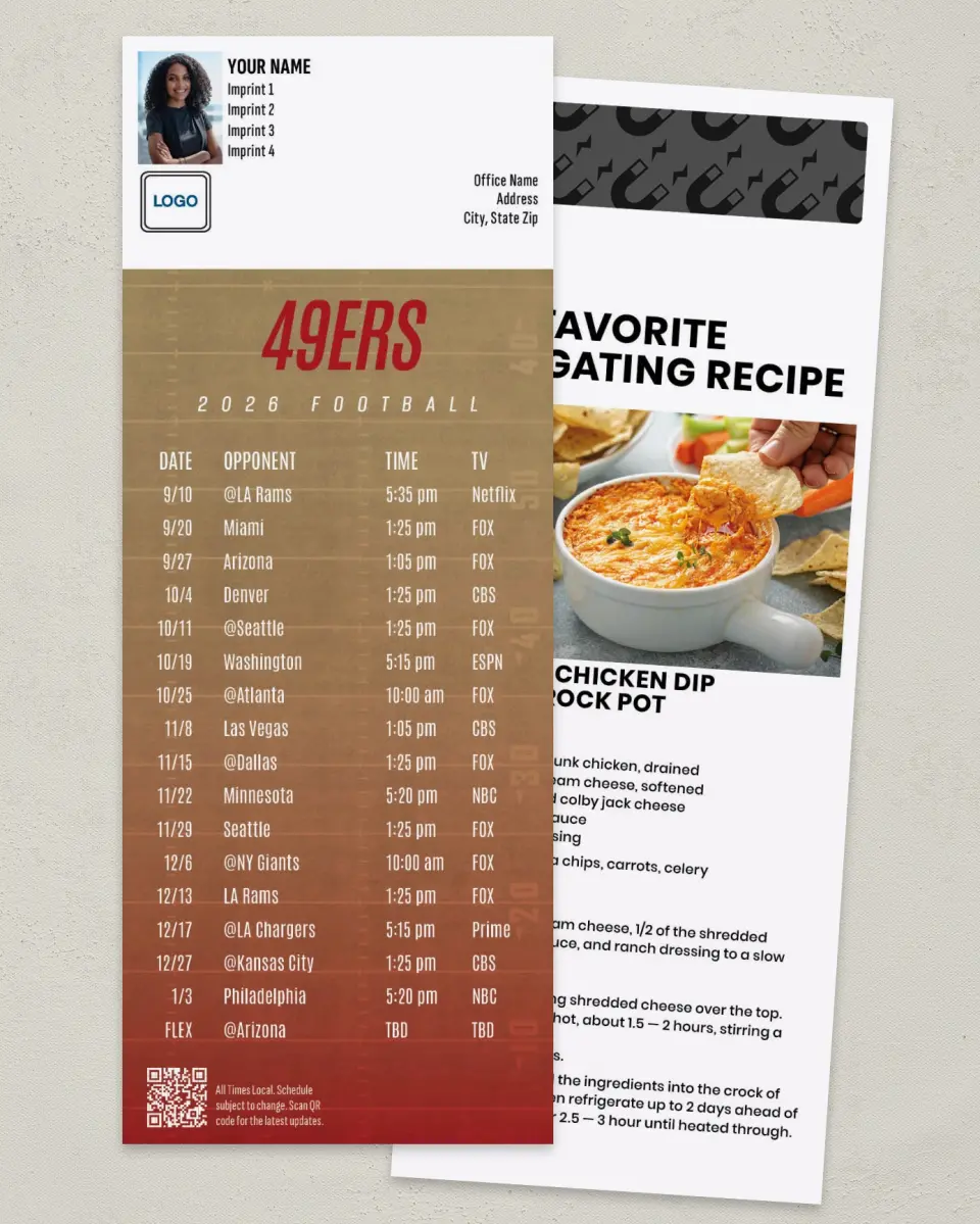 This is a 3½" x 9" Football Schedule Magnet called 49ers printed in full color