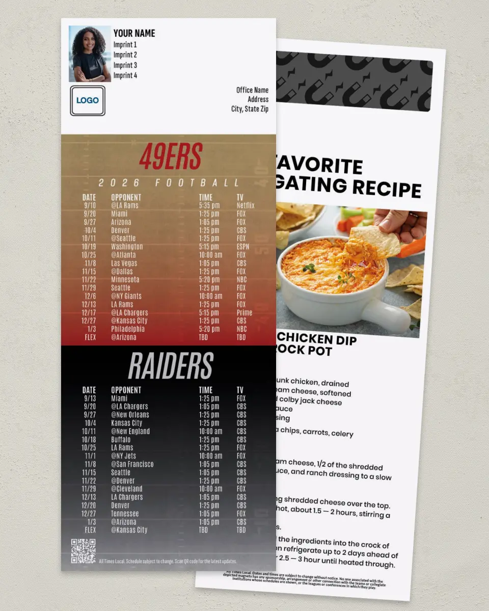 This is a 3½" x 9" Football Schedule Magnet called 49ers + Raiders printed in full color